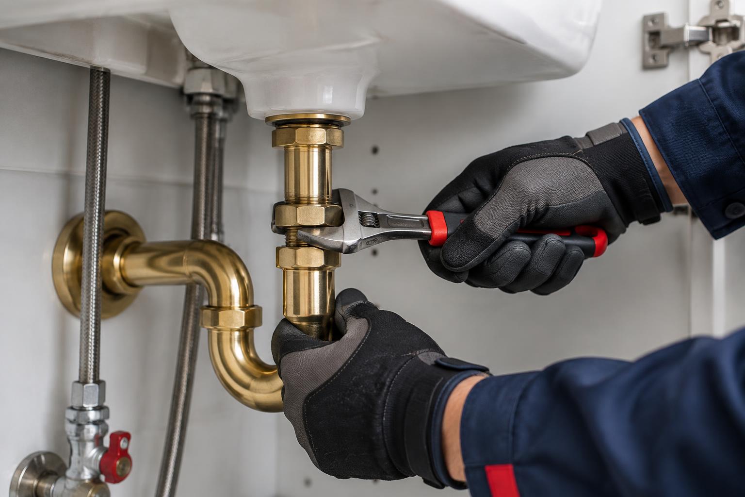Gloved hands tightening a brass fitting beneath a sink